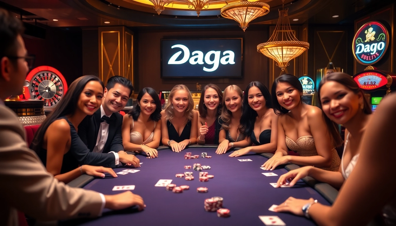 Daga players celebrating wins at a luxurious poker table in a vibrant casino setting.