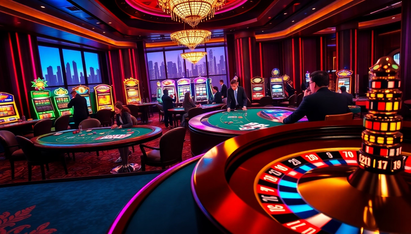 SODO casino scene showcasing vibrant gaming tables, cards, and roulette wheel, exuding excitement and luxury.