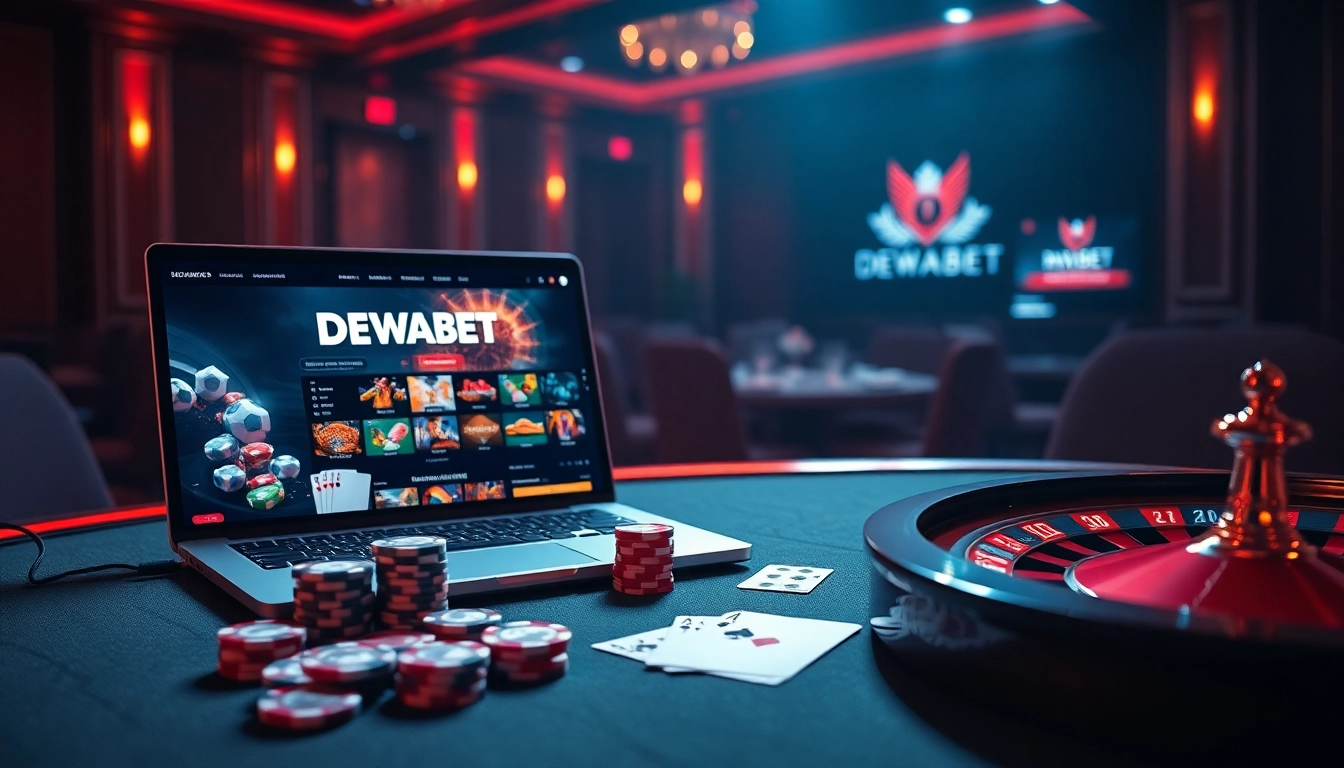 Exciting gaming experience on DEWABET ASIA with poker chips, a roulette wheel, and an online casino interface.