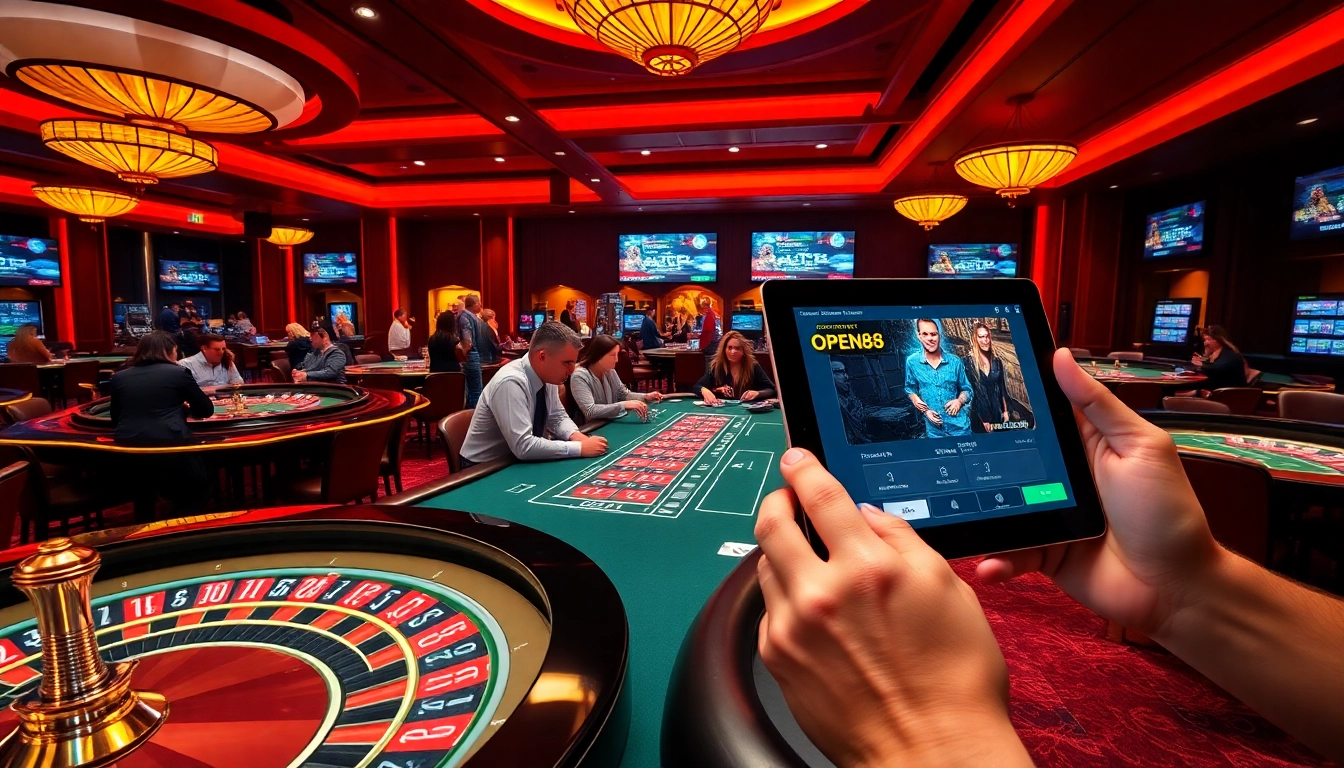 Players enjoying a thrilling game at Open88 casino with roulette wheels and poker tables.