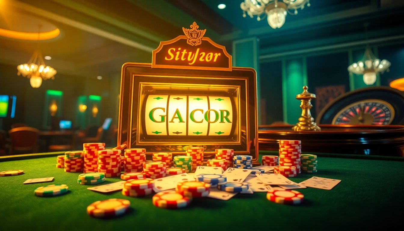Situs Gacor slot machine surrounded by chips and cards in a luxurious casino setting.