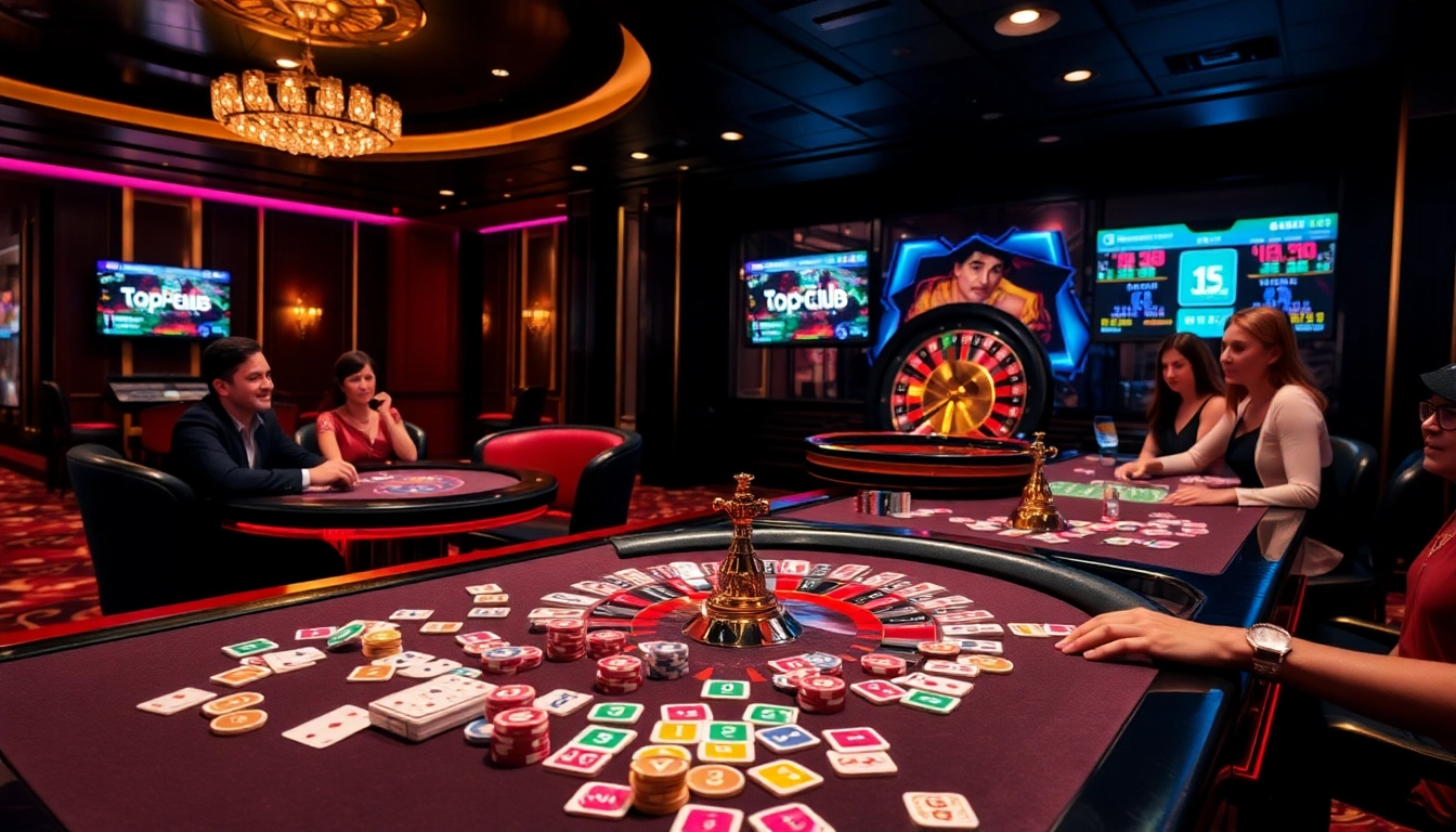 Experience thrilling wins at Topclub casino with vibrant game tables and spinning roulette wheel.