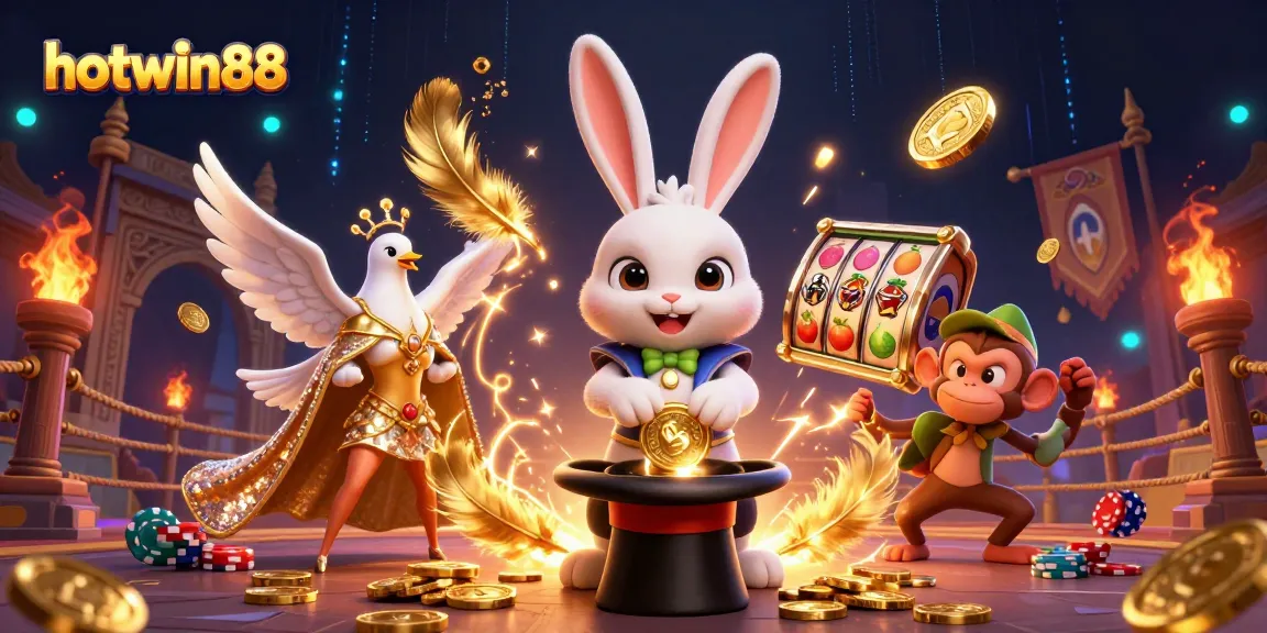Experience hotwin88's magical world with a 3D magician rabbit, golden coins, and lively casino elements.