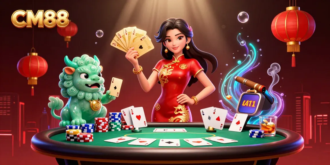 Engage with the vibrant energy of CM88 Casino as a woman in a crimson qipao dazzles at a poker table.