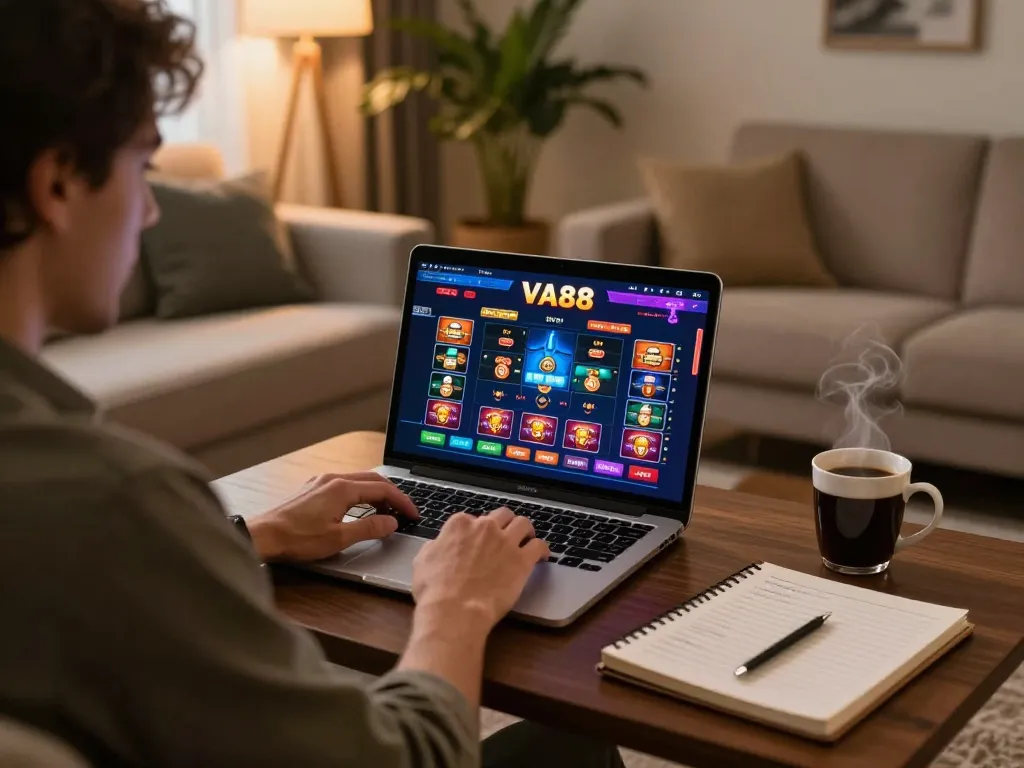 Player enjoying VA88 online casino in cozy home setting, engaged in strategic gameplay.