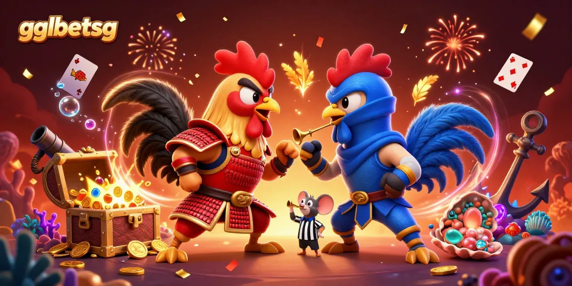 Engage in thrilling action with gglbetsg as cartoon roosters duel amidst dazzling gambling elements and treasures.