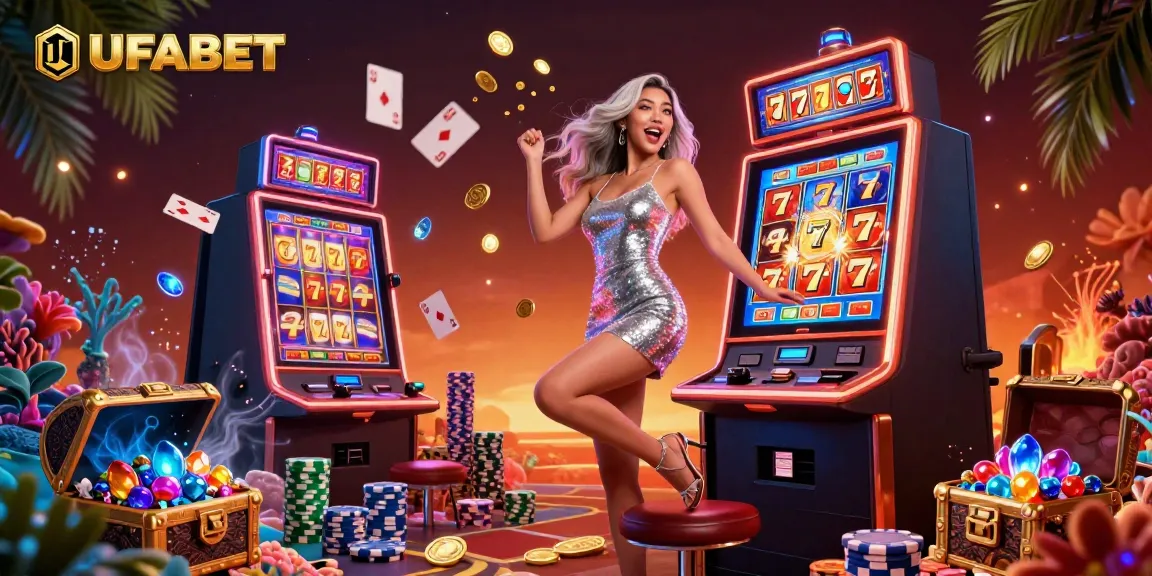 Engage with UFABET's thrilling casino experience, featuring vibrant slot machines, and exciting celebratory moments.
