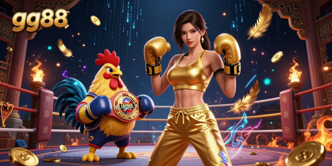 Experience the thrill of gg88 with a dynamic 3D illustration featuring a powerful woman and boxing rooster in a casino atmosphere.