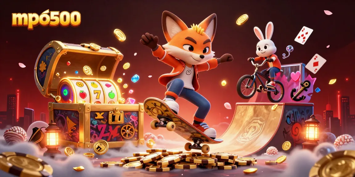 MPO500 showcases a colorful 3D scene with a skateboarder fox and BMX rabbit portraying online gambling excitement.