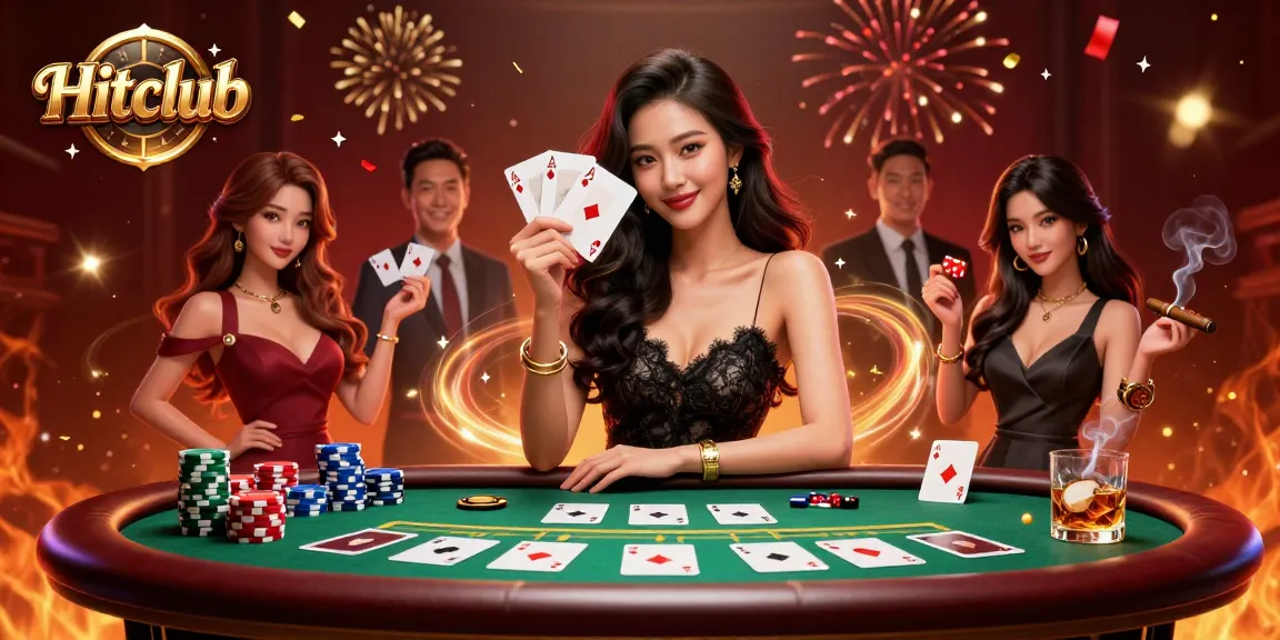Hitclub players engaging with ace cards and vibrant casino elements in a luxe setting.
