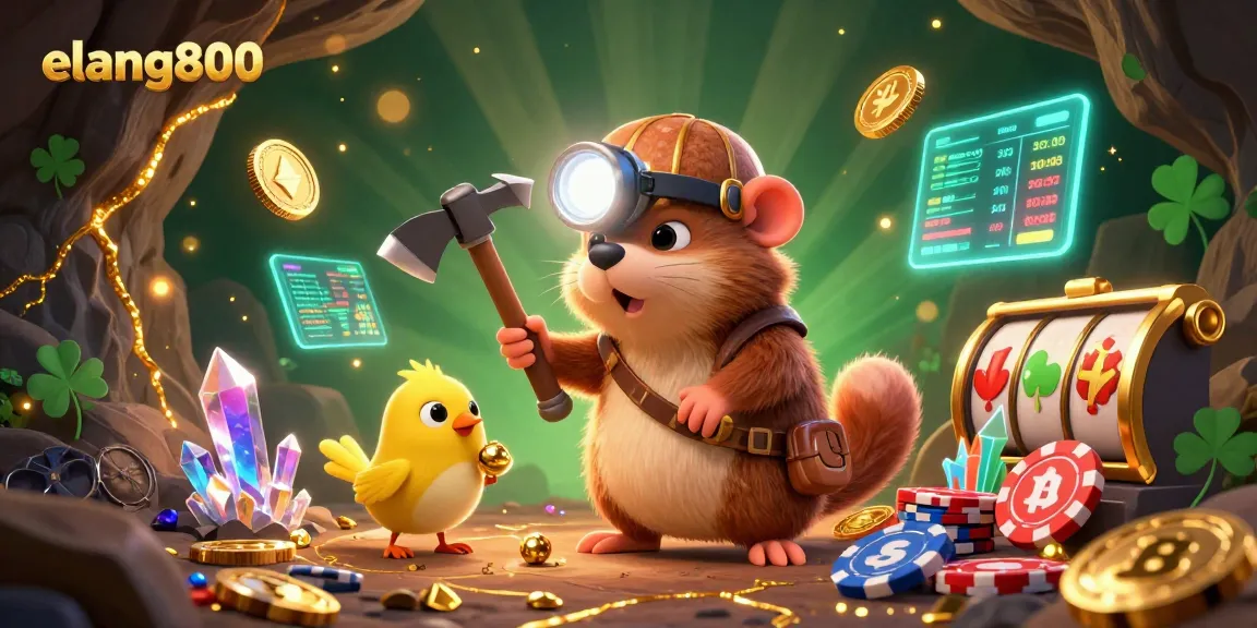 Engage with the vibrant elang800 casino scene featuring a treasure hunter mole and a canary amidst glowing gems and Bitcoin coins.