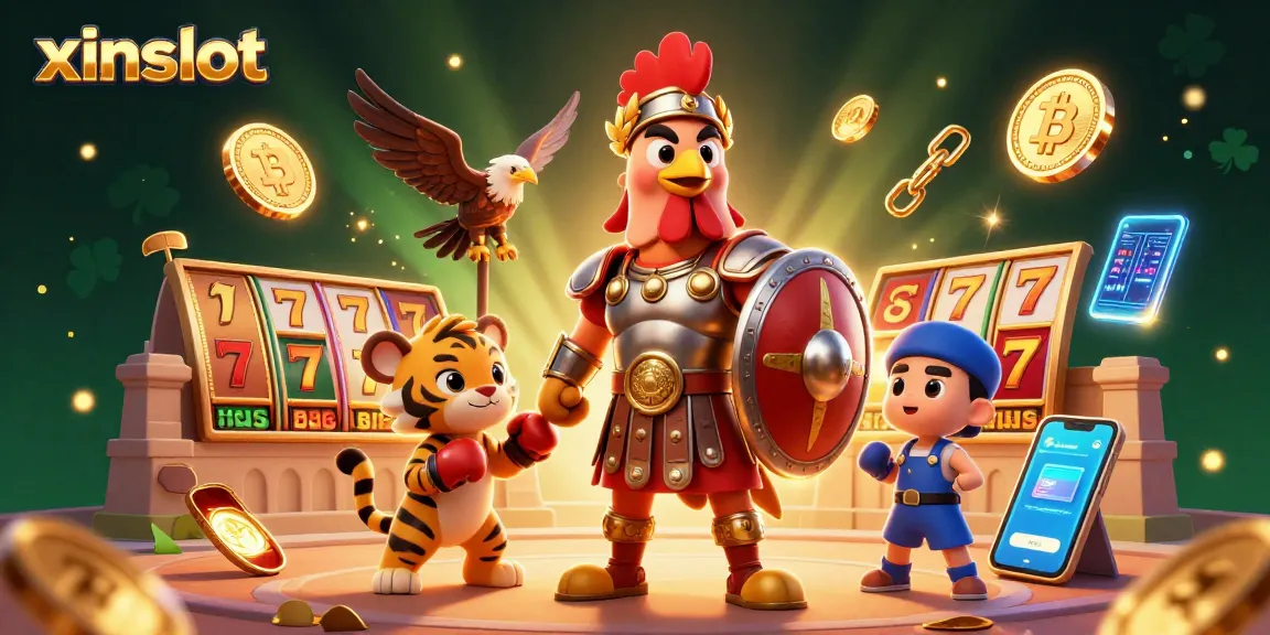 XINSLOT showcases thrilling slot games with a roaring gladiator and dynamic casino elements.