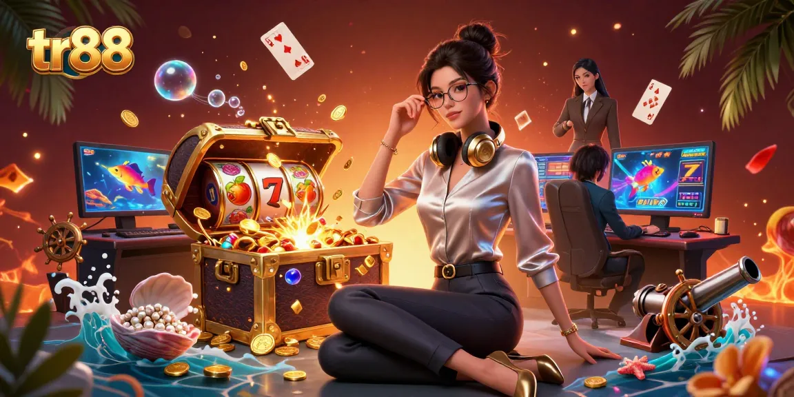 Engage with tr88 as a photorealistic Asian woman plays at a high-tech gaming setup surrounded by casino elements.