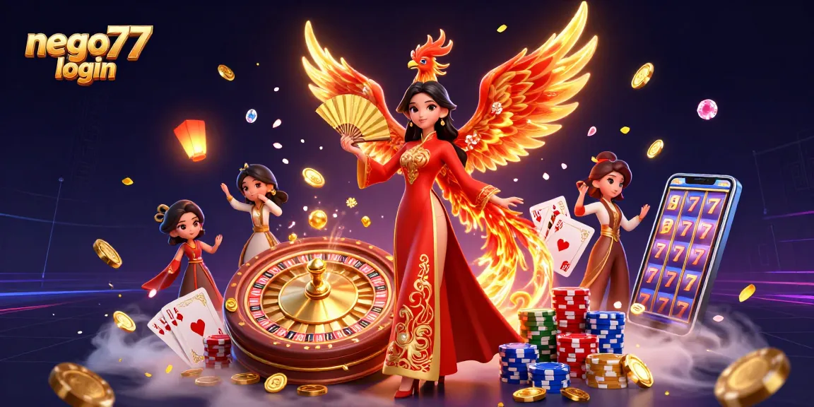Experience seamless gambling with nego77 login, featuring vibrant characters and casino elements.