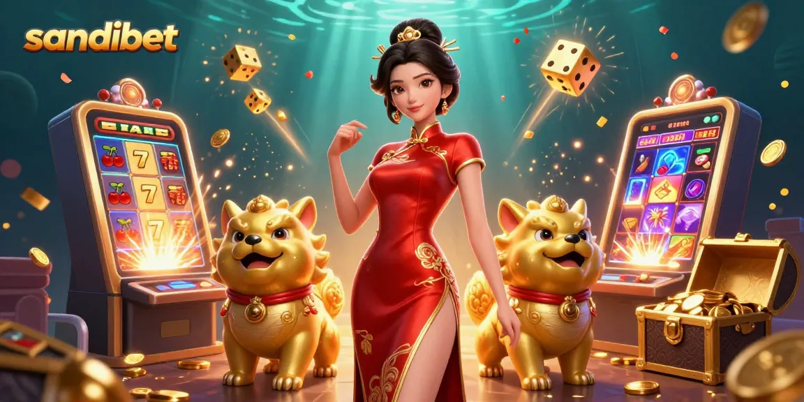 Spin the reels with sandibet's vibrant casino illustration, showcasing jackpots and festive energy.