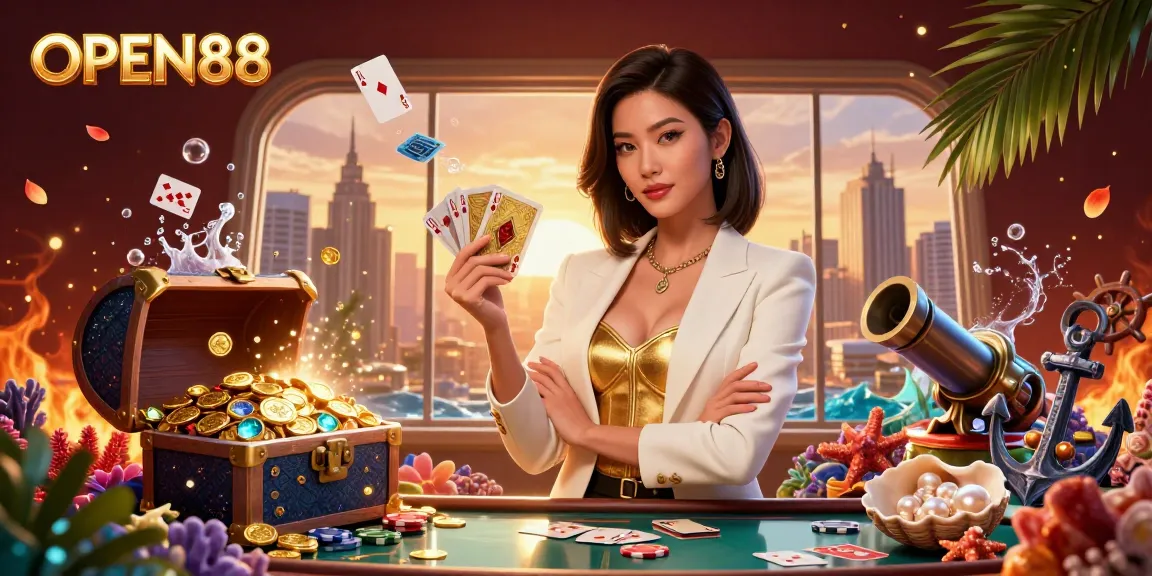 Engage and win at OPEN88 with a powerful businesswoman surrounded by vibrant casino treasures.