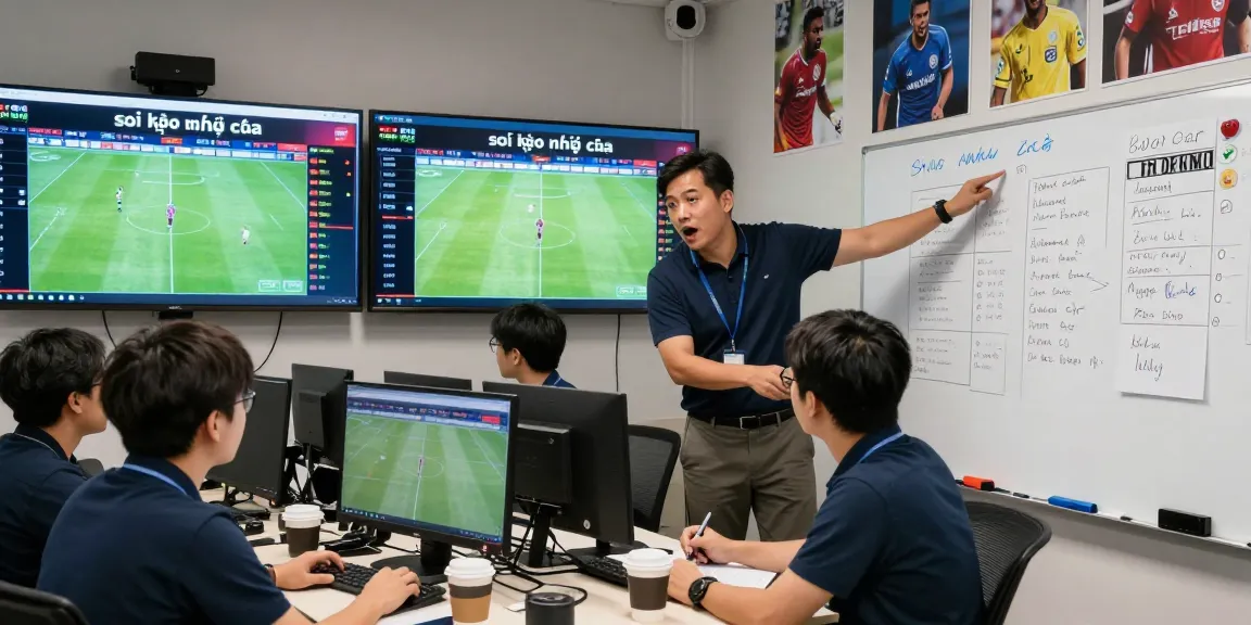 In a vibrant office, sports analysts review soi kèo nhà cái with screens displaying live betting odds and match data.