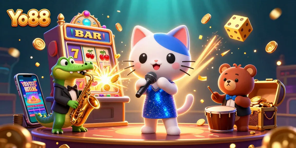 Spin and win with Yo88 and vibrant casino characters in a dynamic, lively scene.