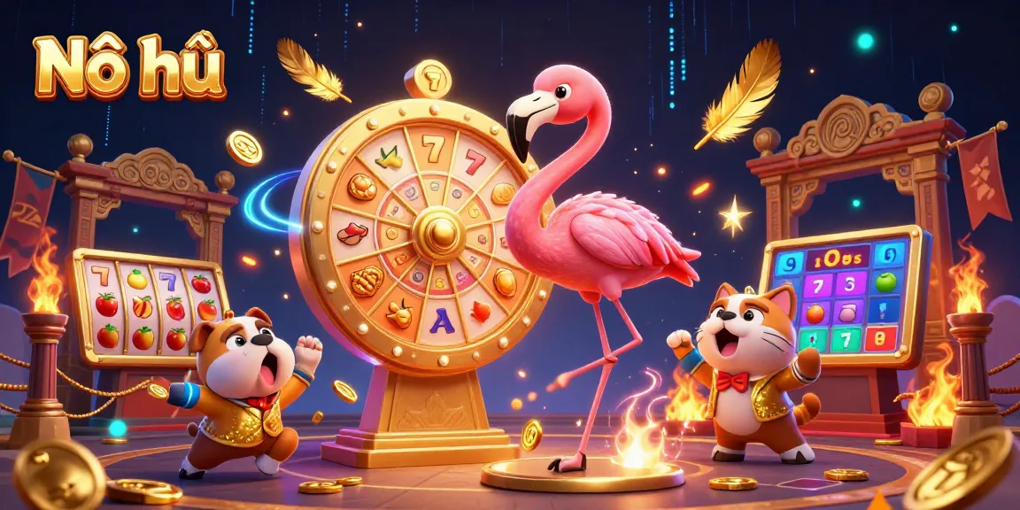 Nổ hũ game show scene with a flamboyant flamingo host, a thrilled bulldog contestant, and a cat assistant, surrounded by vibrant slot game elements.