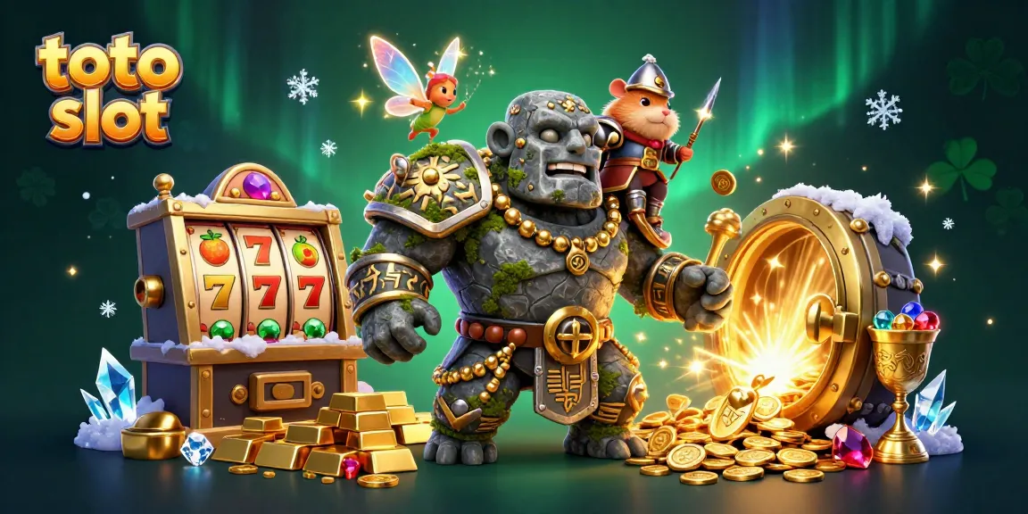 Engage with the thrilling world of toto slot gaming featuring a magical scene with a stone golem, fairy, and hamster knight.