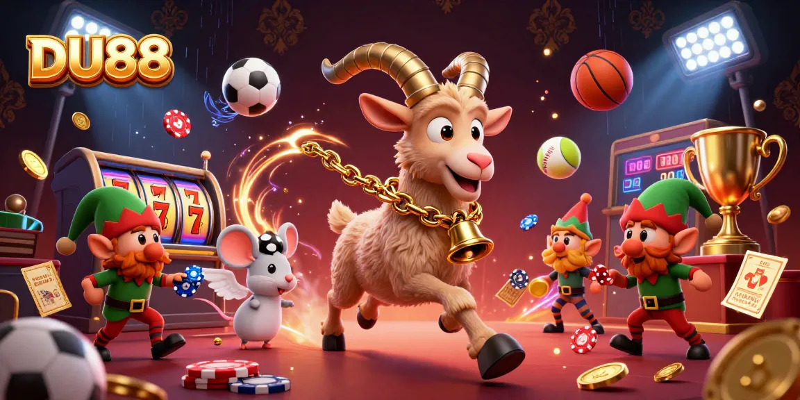 Engage with DU88's dynamic casino scene featuring Krampus with chips and sports elements around.