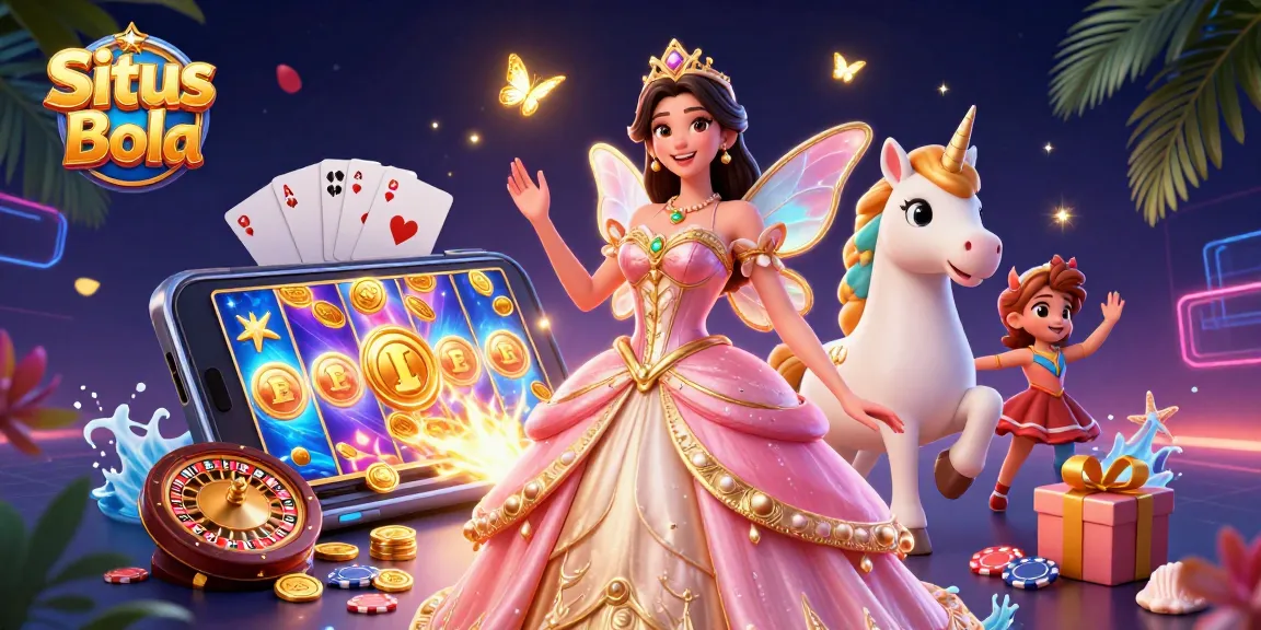 Engage in Situs Bola betting with a glamorous Asian woman, unicorn, and colorful casino elements.