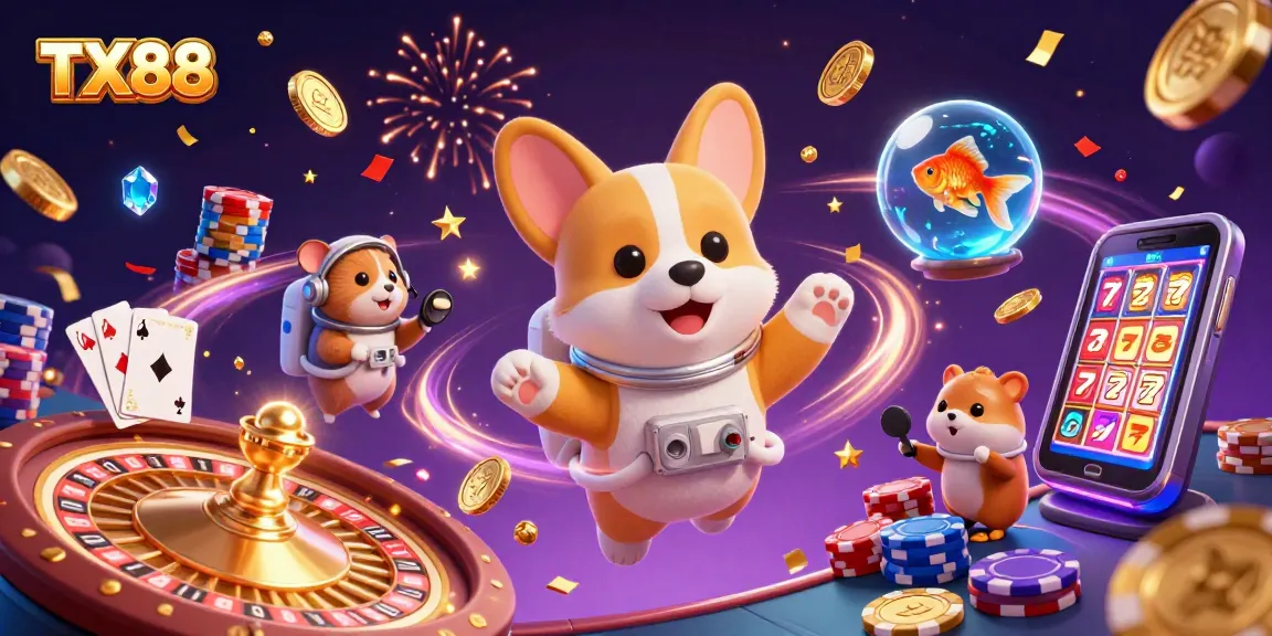 Experience excitement at TX88 with a corgi astronaut in a vibrant space casino scene, celebrating wins!