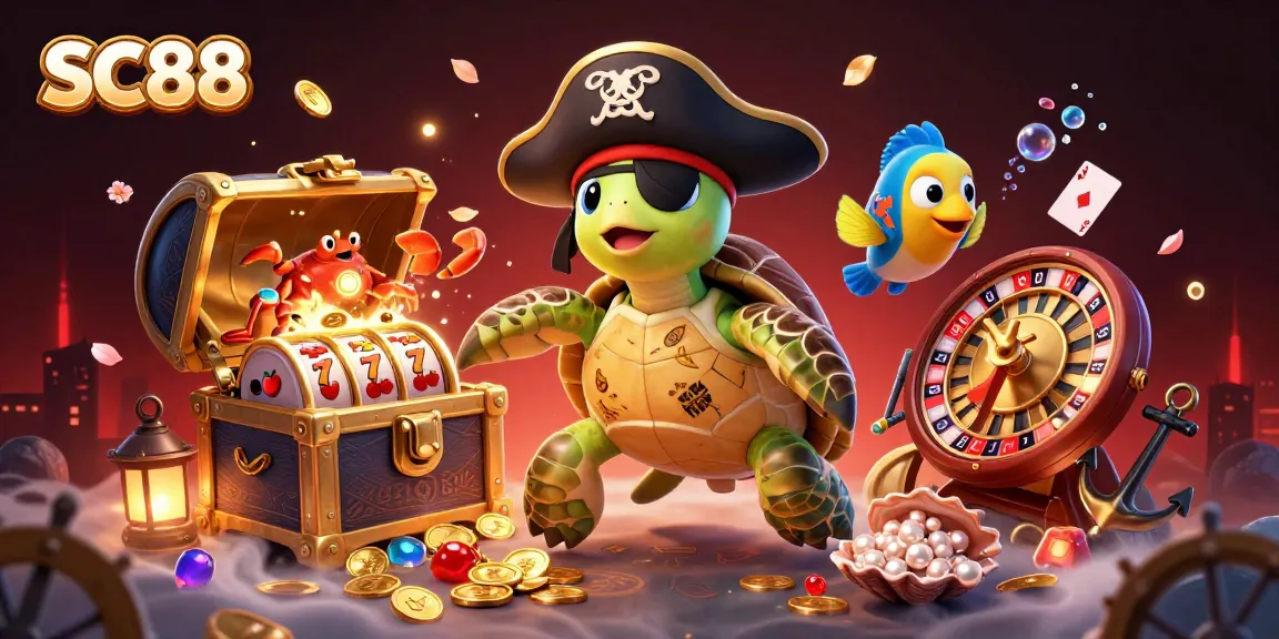 SC88 pirate turtle navigates thrilling slots with colorful gems in an underwater casino adventure.
