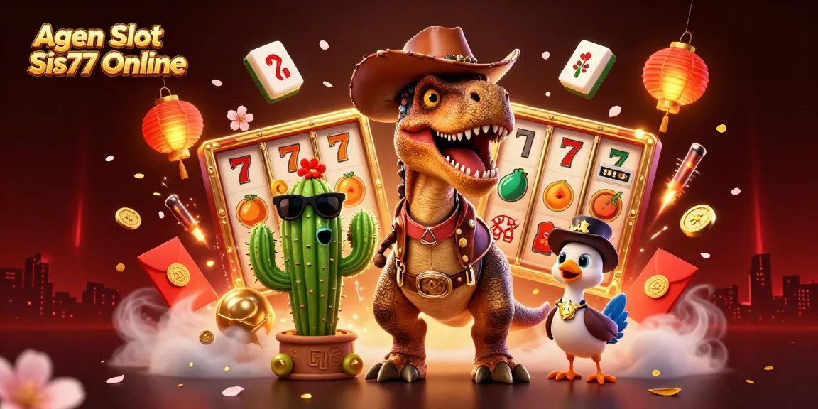 Gambar Agen Slot Sis77 Online menampilkan dinosaur cowboy kartun dengan elemen slot yang menarik.