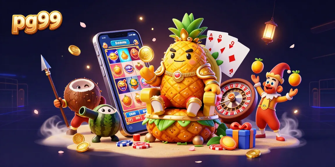 Engage with PG99's vibrant casino scene featuring a pineapple king and game elements.