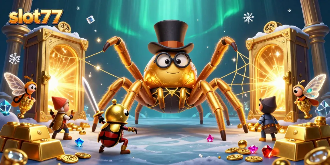 Experience the thrill of slot77 with a vibrant scene of a golden tarantula weaving excitement in a casino setting.