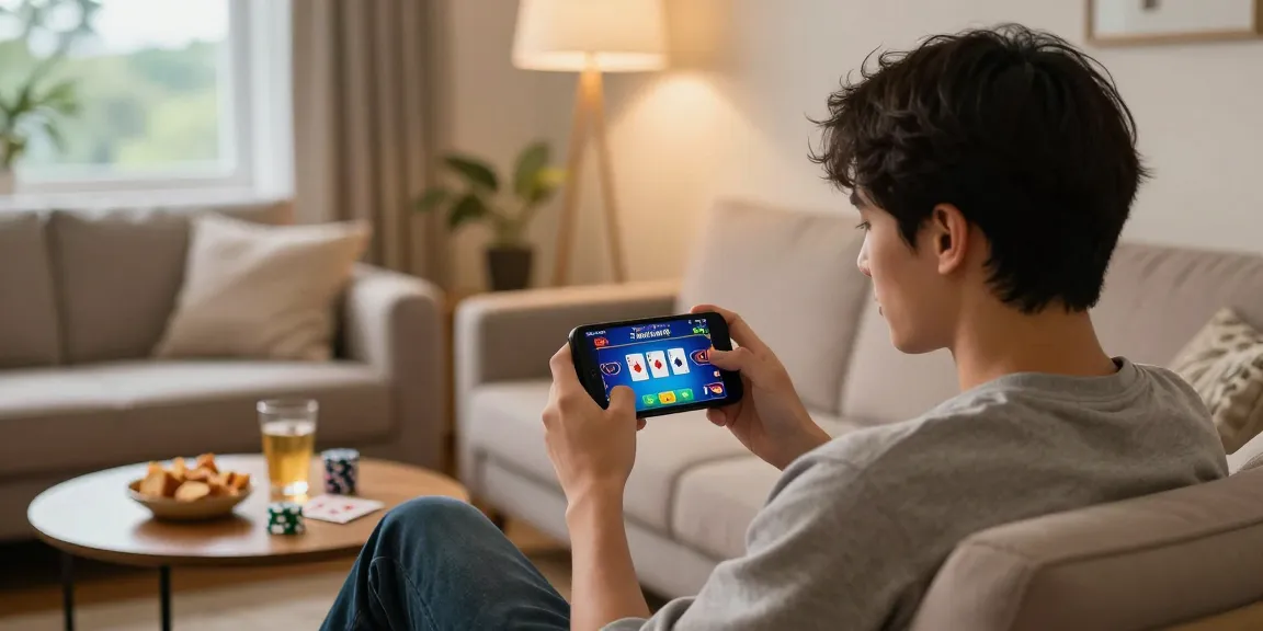 User playing 3 Patti World game on smartphone in cozy living room, focusing on vibrant screen. Visit Here for an engaging gaming experience.