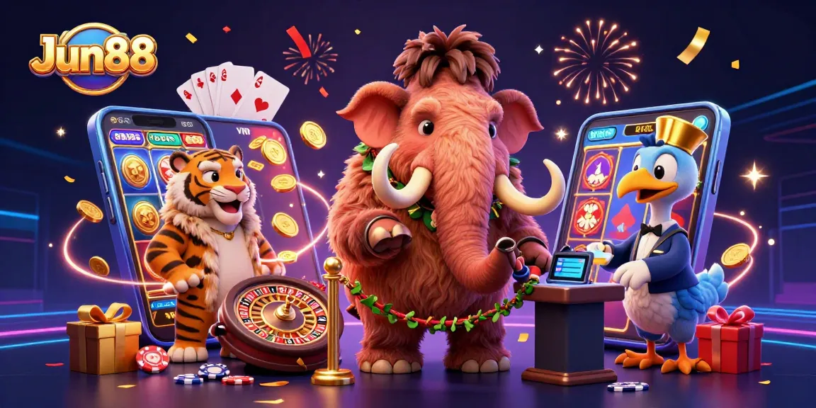 Experience thrilling gaming action at Jun88 with vibrant casino characters and energetic slots.