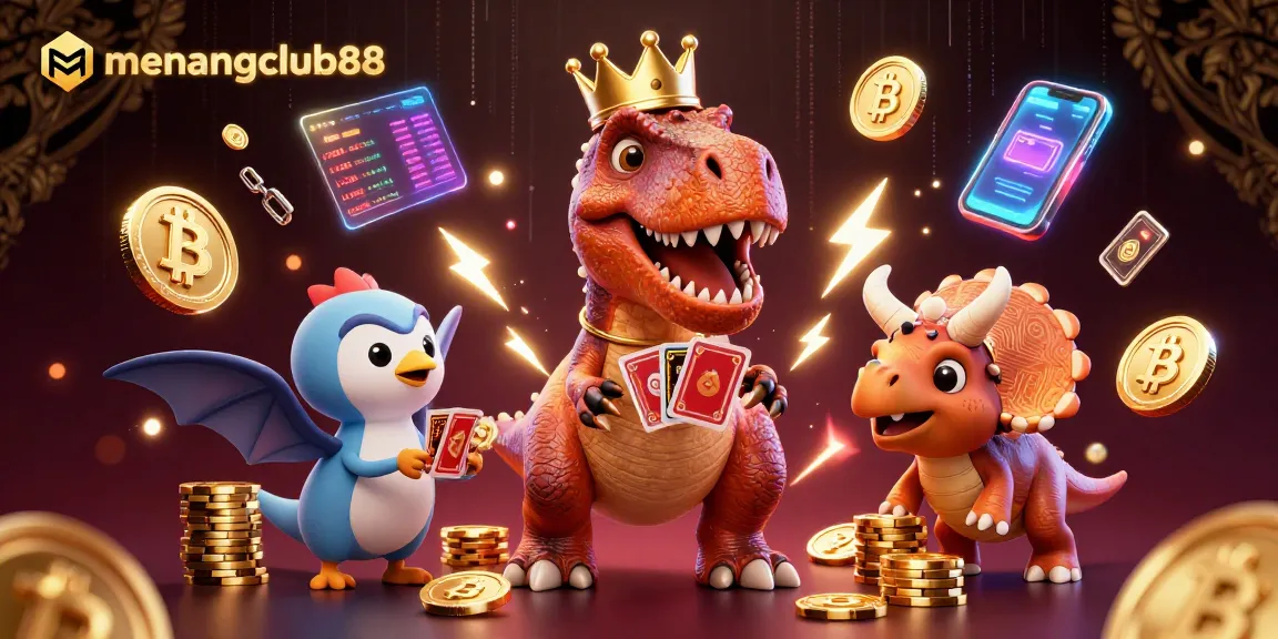 Experience vibrant gaming scenes at menangclub88 with a playful T-Rex and glittering crypto elements.