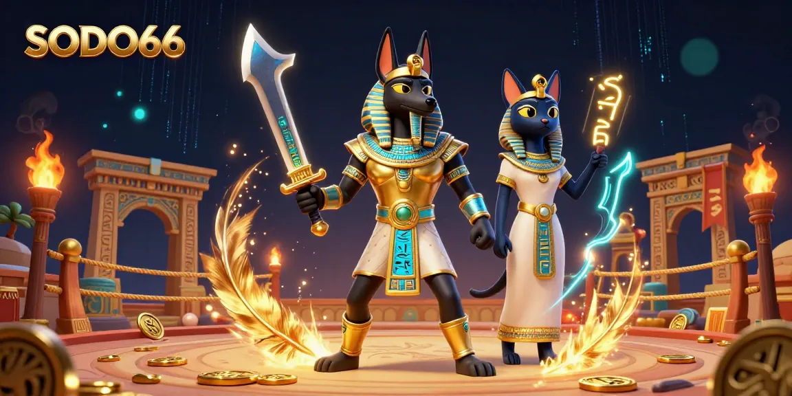 SODO66 features Anubis and Bastet in a vibrant 3D casino scene, showcasing intense gameplay and ancient charm.