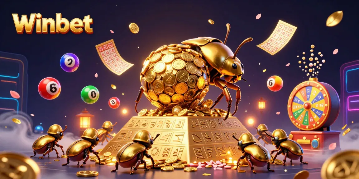 Winbet's vibrant casino world illustrated with golden beetles, colorful balls, and dynamic game elements.