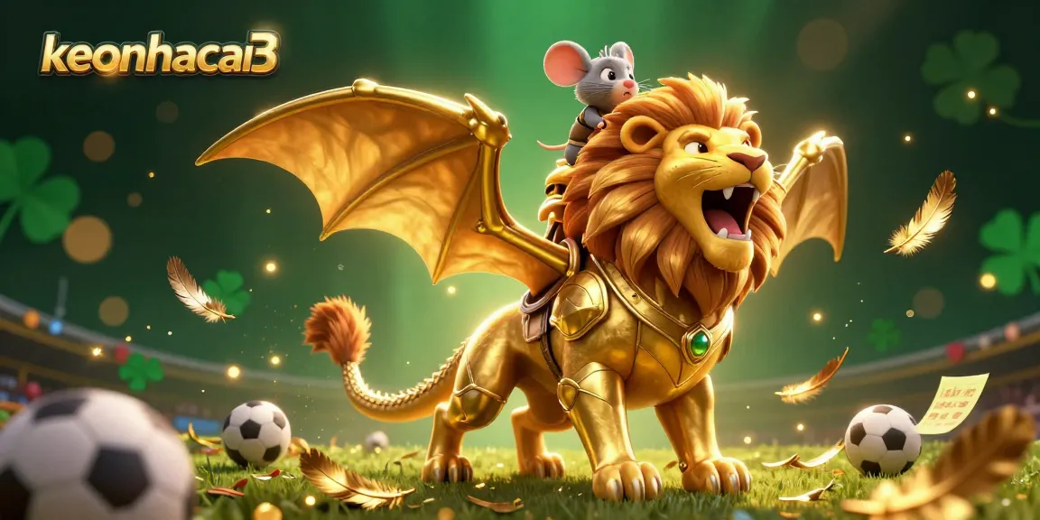 Engage in thrilling sports betting with keonhacai3, featuring a triumphant chimera and vibrant stadium elements.