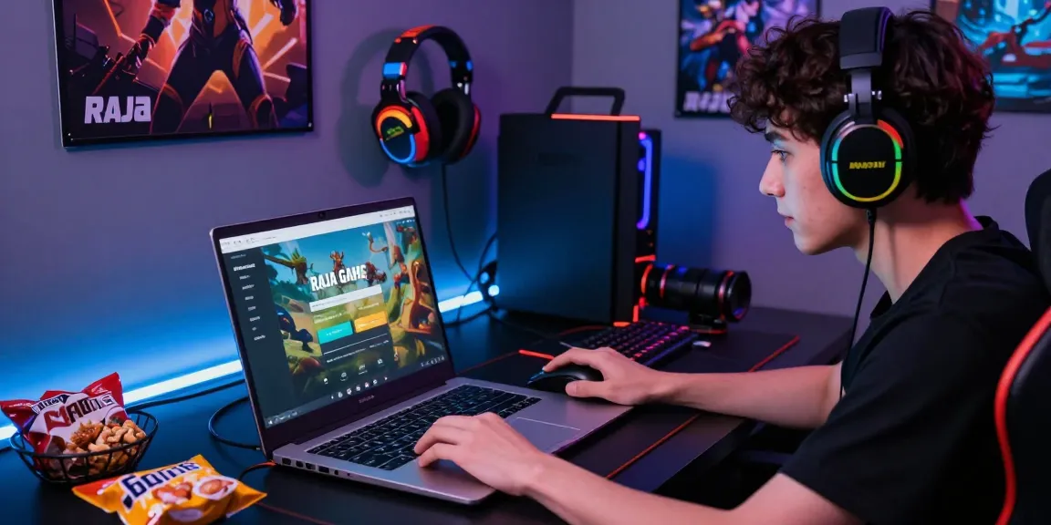 Engaged user at the Raja Game login interface with gaming accessories.