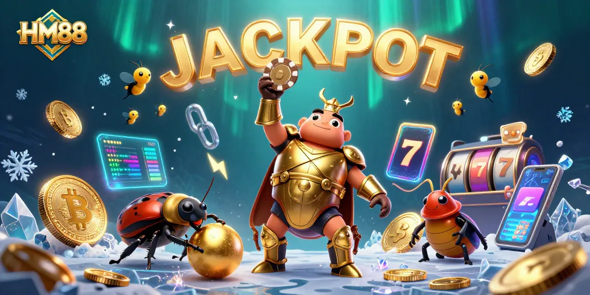 HM88 casino victory scene showcasing a beetle hero lifting a poker chip amidst vibrant game elements.