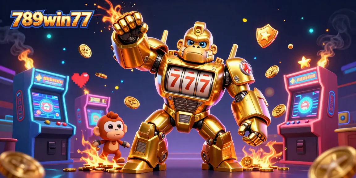 Experience thrilling gameplay with 789win77's golden gorilla mech amid vibrant casino elements.