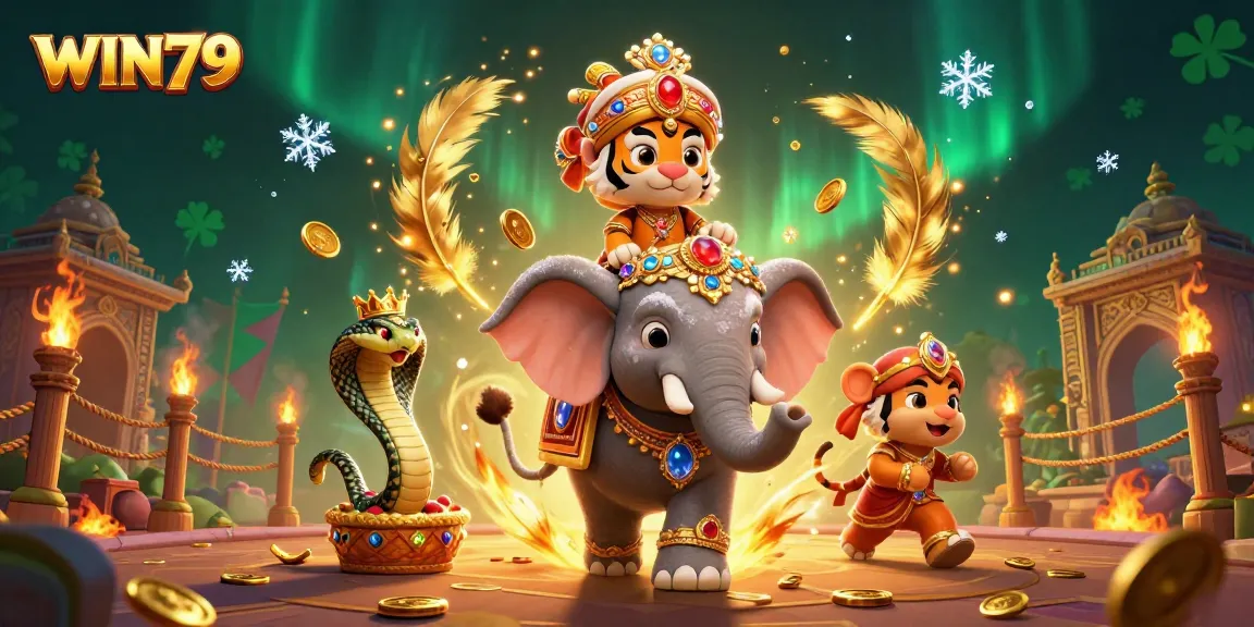 Experience WIN79 with an ultra-detailed 3D casino scene featuring a tiger maharaja, jewel-encrusted elephant, and cobra.