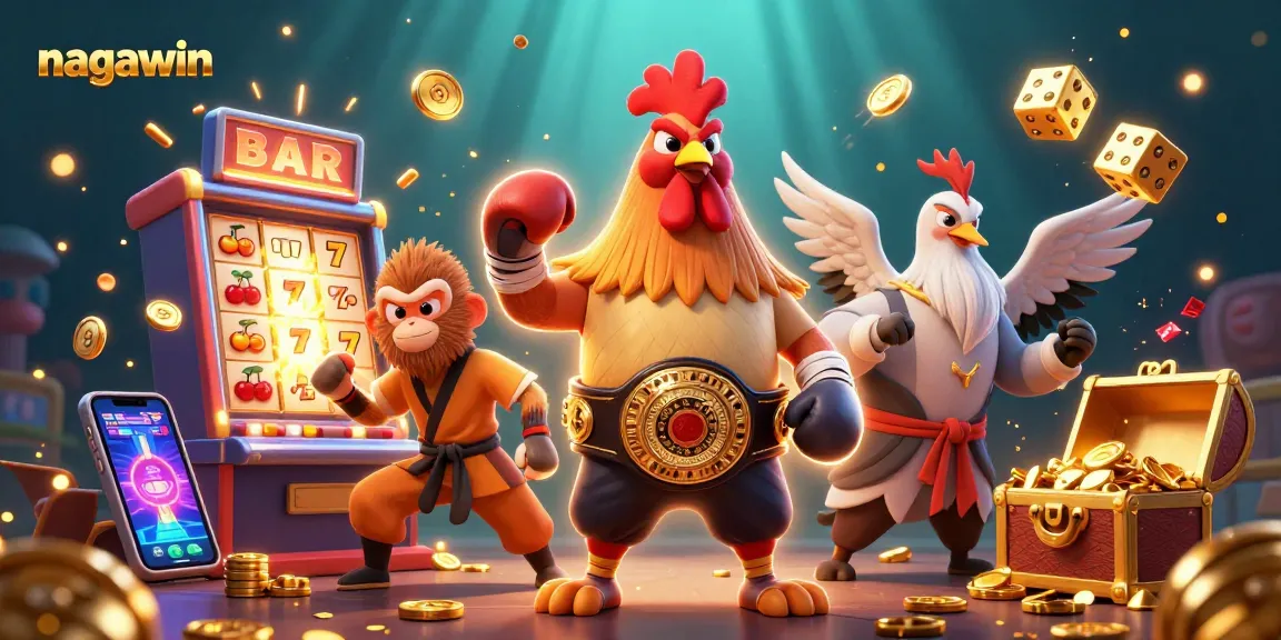 Nagawin menampilkan ilustrasi 3D khas dengan petarung ayam Muay Thai, monyet Shaolin, dan master bangau, dikelilingi elemen kasino menarik.
