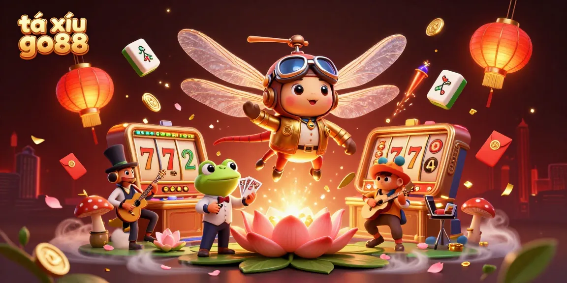 Engage in thrilling tài xỉu go88 gameplay amid 3D cartoon characters and vibrant casino elements.