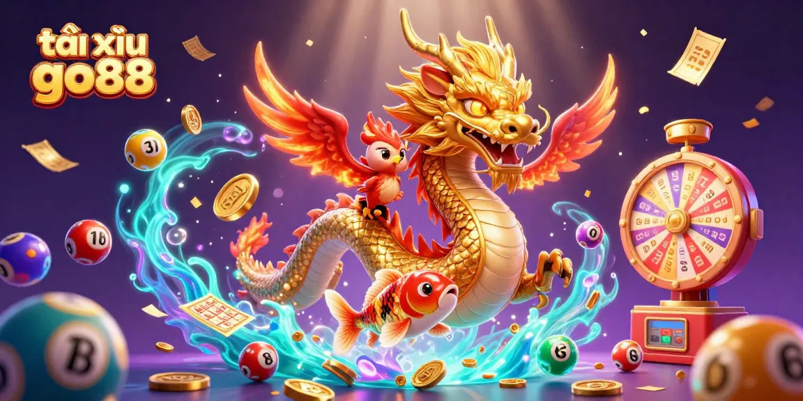 Engage in tài xỉu go88 excitement with a vibrant scene featuring a golden dragon, phoenix, and koi fish amid dynamic gaming elements.
