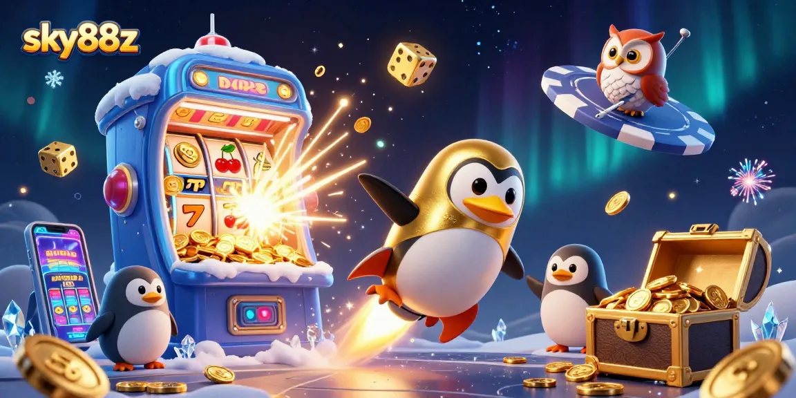 Experience sky88z's thrilling jackpot scene with a penguin, casino symbols, and rich graphics.