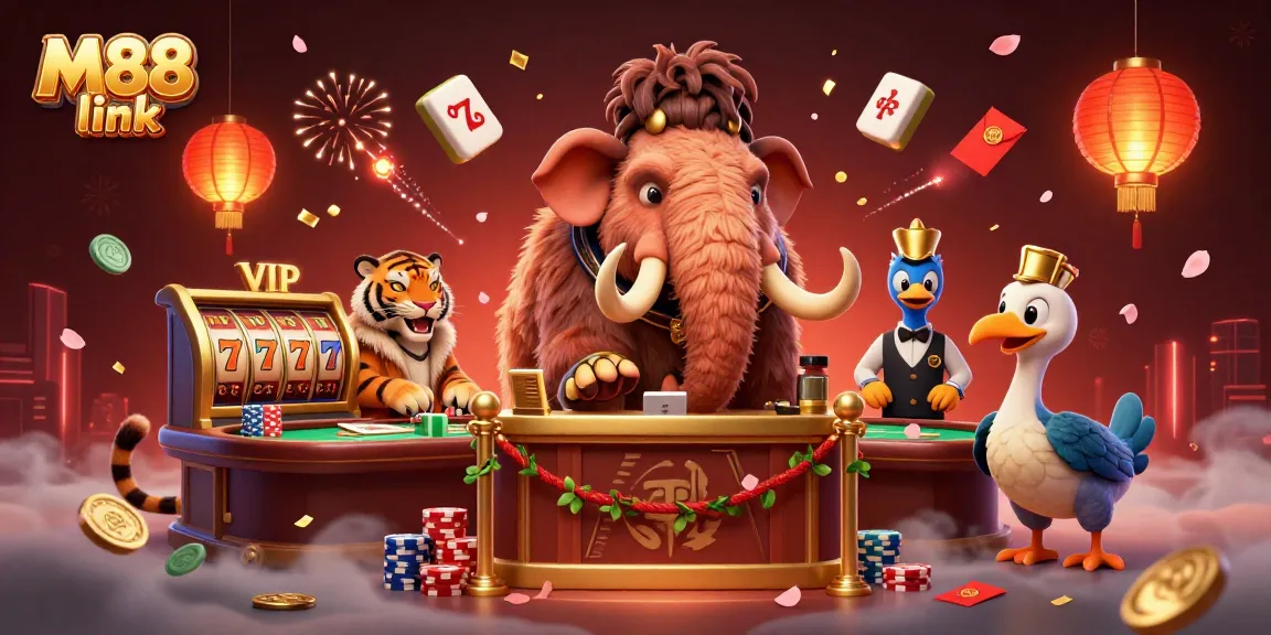 Engage in exciting betting with M88 link, featuring a vibrant casino scene with dynamic characters.