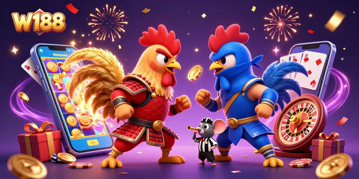 Experience thrilling moments at W188 with cartoon roosters in a dynamic gambling scene.