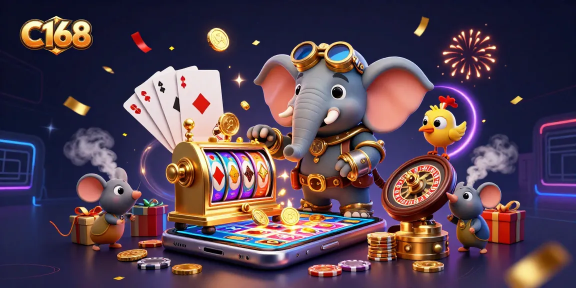 Experience thrilling gaming at C168 with a steampunk elephant and exciting casino elements.