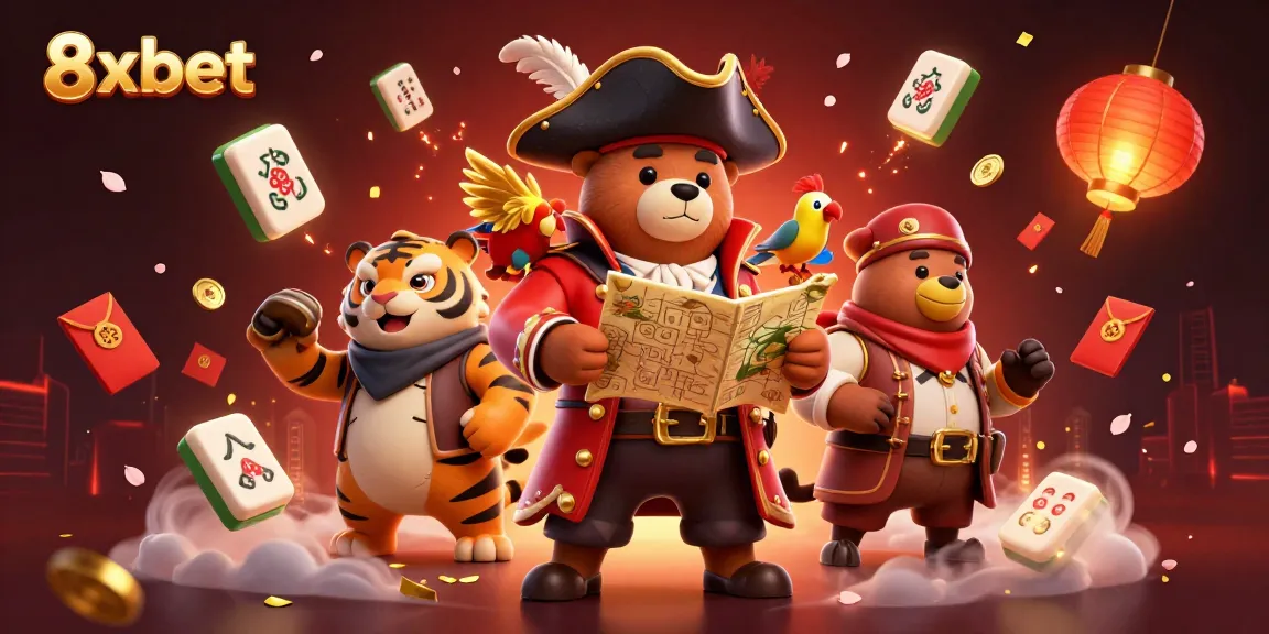Experience thrilling gameplay at 8xbet with cartoon characters amidst festive casino elements.