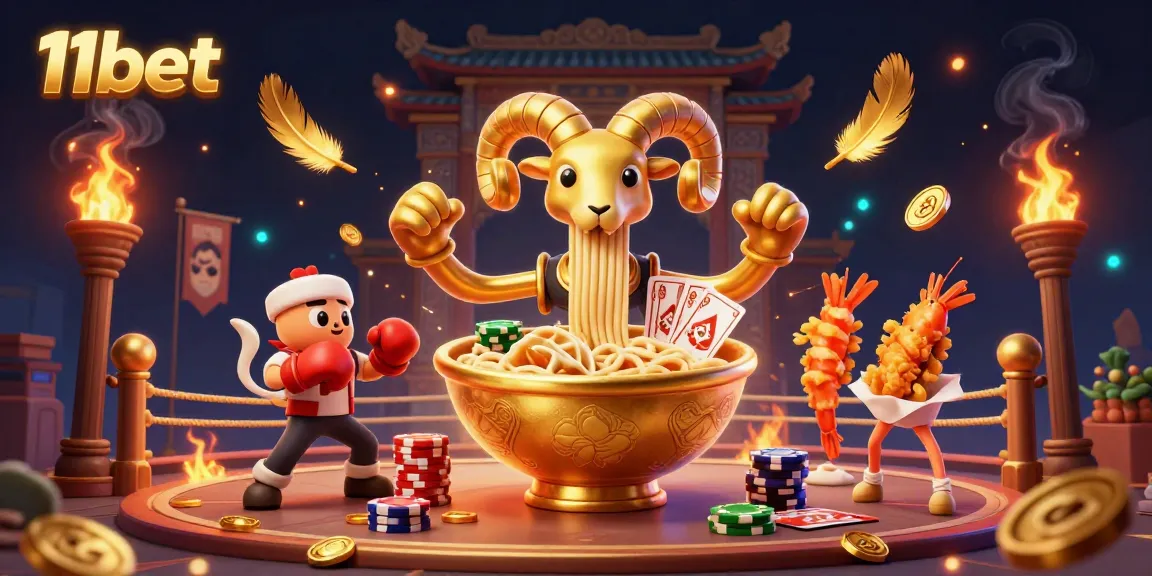 Engage with 11bet's vibrant 3D casino scene featuring a golden ramen bowl and dynamic game elements.